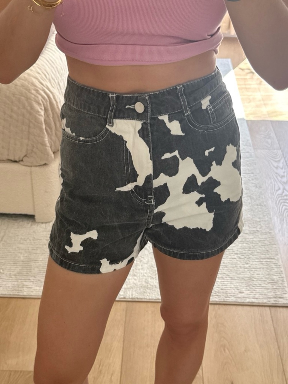 12th Tribe XS High-Rise Cow Print Denim Shorts - Black/White